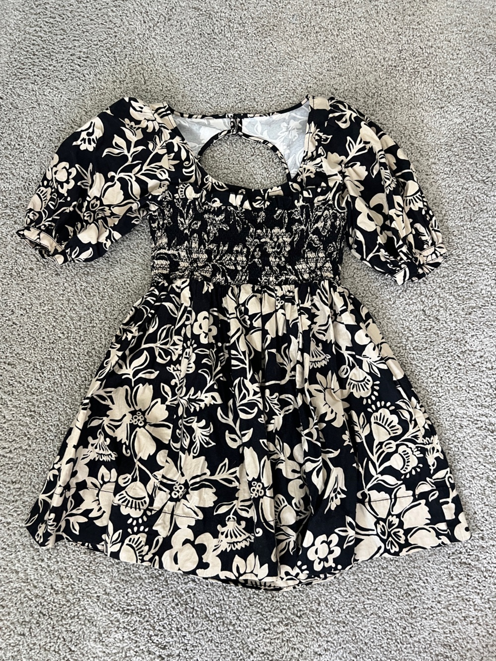 Free People Black and Cream Floral Smocked Mini Dress